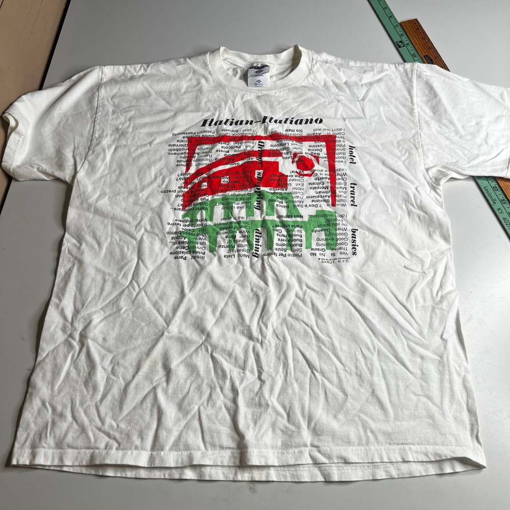 Vintage 1994 Jerzees Italian Italiano Travel Phrases T-Shirt XL White Italy Map